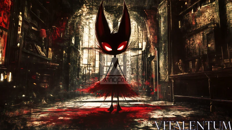 Sinister shadow creature in bloodlit gothic hallway scene.