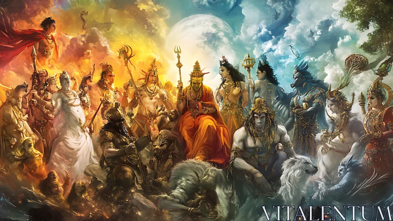 Mythological council of deities in divided celestial sky.