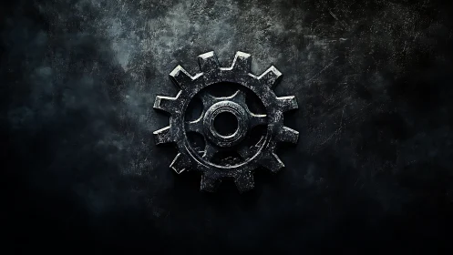 Metal gear wheel rests centered on dark textured surface