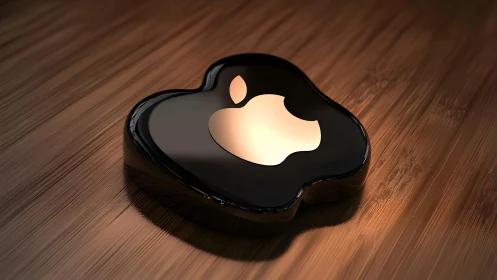 Glossy Apple Logo on Wooden Surface in Modern Digital Art Style.