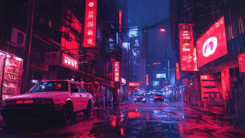 Neon-soaked city street with rainlit cars at midnight.