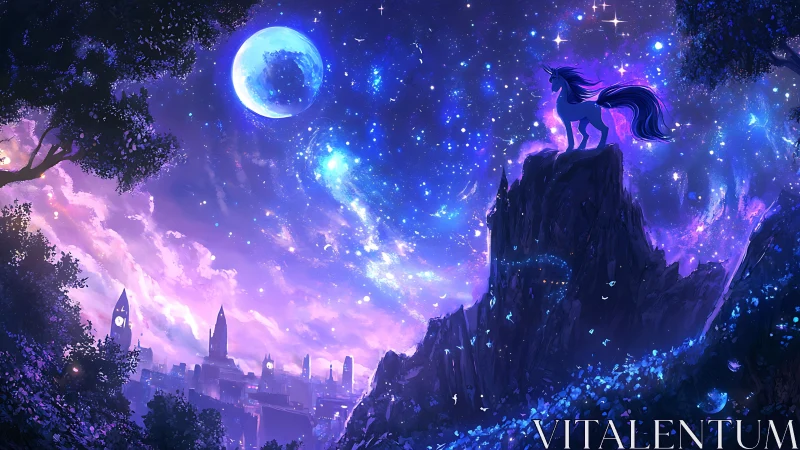 Starlit unicorn overlooking luminous violet fantasy city.