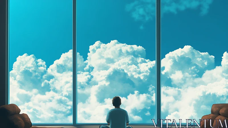 Skyroom dreamer framed by colossal drifting clouds.