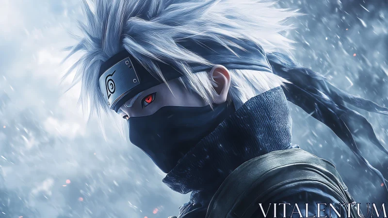 Masked silver-haired ninja stands in digital snowstorm