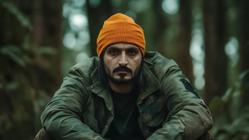 Quiet forest pause with a thoughtful hiker in orange beanie.