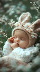 Sleeping infant in lamb fleece and floral bunny bonnet outdoors