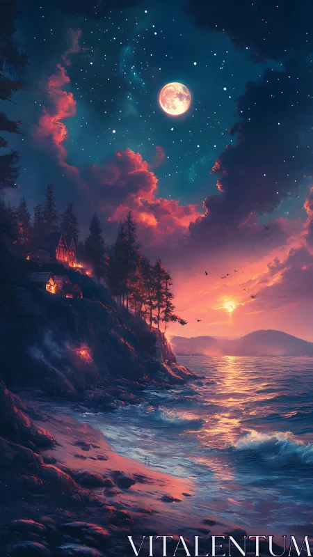 Moonlit cliffside cabins bathe in twin sunset tides of fire.