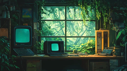 Retro terminals in overgrown studio facing luminous forest.