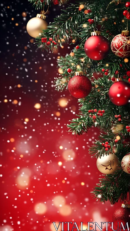 Crimson snowfall backdrop and glittering Christmas baubles.