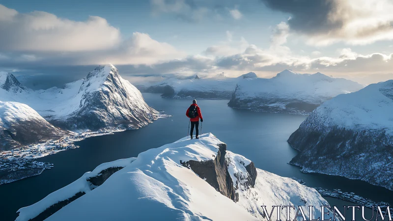 Lone hiker on snowy ridge above dramatic fjord landscape.
