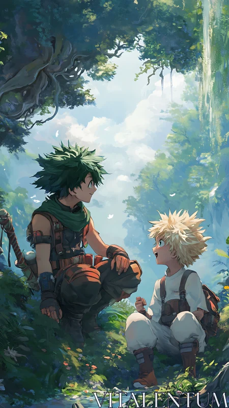 Forest-side hero talk between scruffy scouts of tomorrow.