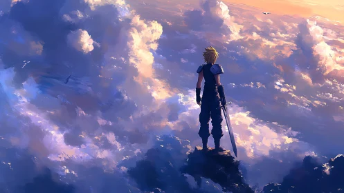 Sword-worn dreamer studies a storm of painted evening clouds