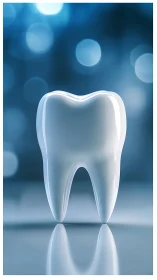Glossy white tooth model under cool clinical bokeh light.