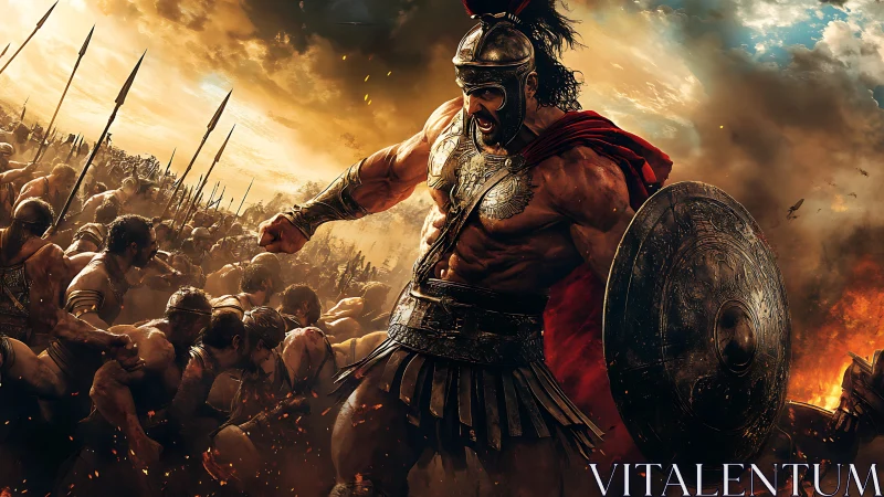 Armored Spartan warrior roars forward leading brutal battle line