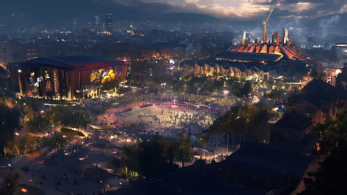 Twilight Enchantment: Theme Park Dreams Ignite Above Urban Sprawl