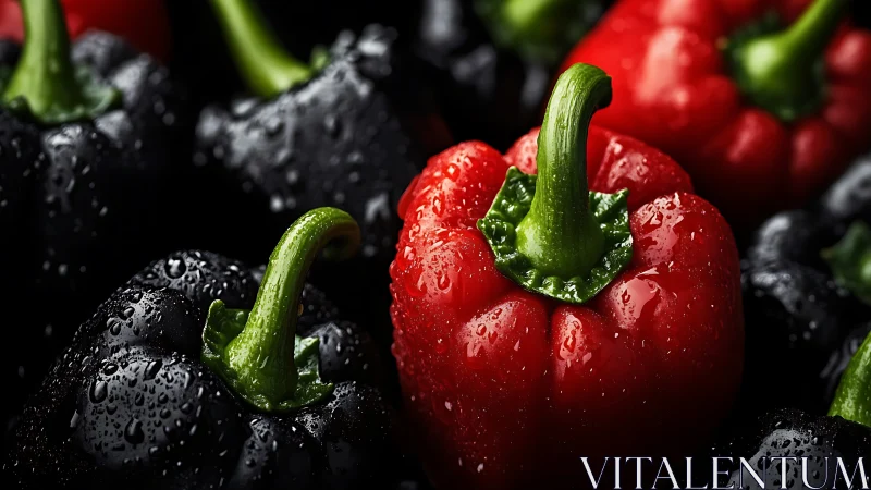 Photorealistic red and black bell peppers with water droplets.