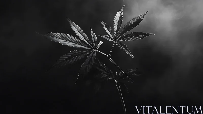 Monochrome cannabis leaves in dramatic low key lighting.