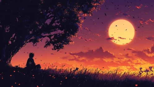 Quiet sunset reflection beneath a glowing harvest moon.