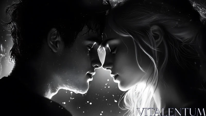 Two faces profile lit kiss in monochrome darkness.