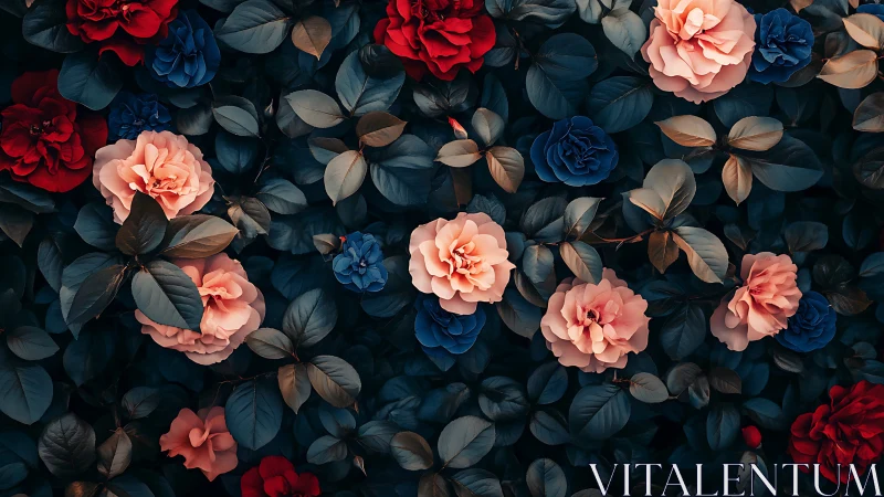 Layered Rose Garden: Red, Coral, Navy Blooms on Dark Foliage.