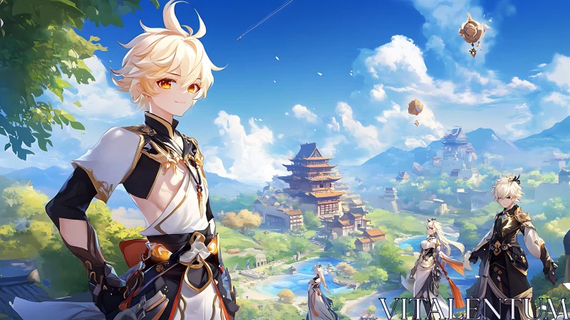 Sunny anime adventurers over a dreamy floating cityscape.