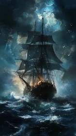 Storm-tossed ship sailing through a moonlit, roaring sea.