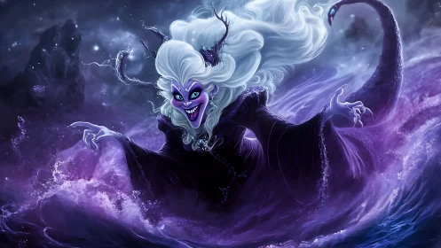 Sea witch emerging from stormy violet ocean vortex.