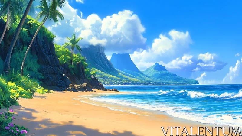 Tropical Beach Paradise With Dramatic Mountain Peaks.