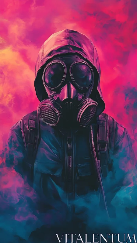Hooded figure in respirator stands amid dense colored vapor