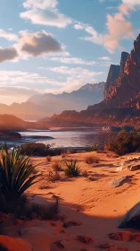 Crimson desert shoreline lounges beneath cool alpine skies