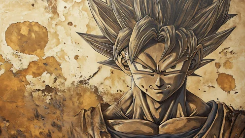 Bold anime warrior portrait on rustic textured wall.