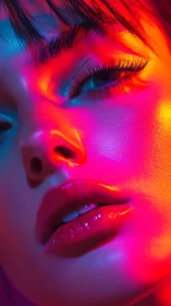 Neon tri-color rim lighting sculpts hyper-glossy facial closeup