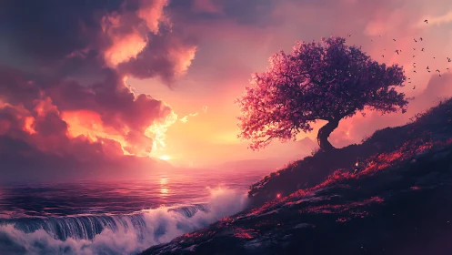 Twilight blossom tree watching neon surf break below.