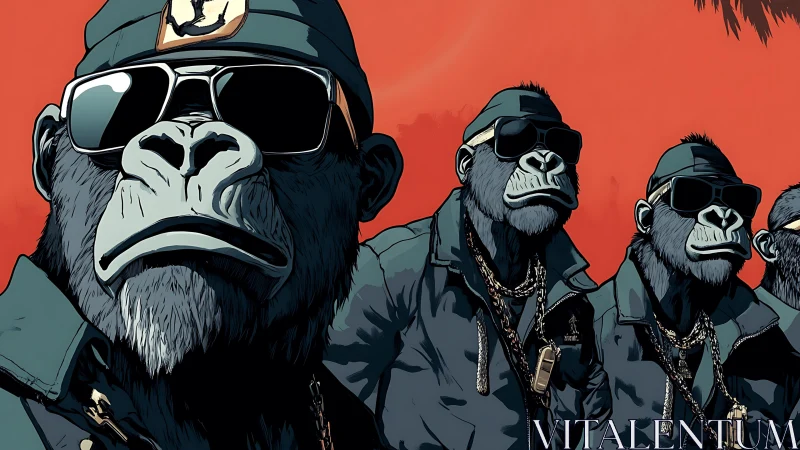 Gorillas in uniform with sunglasses against red backdrop.