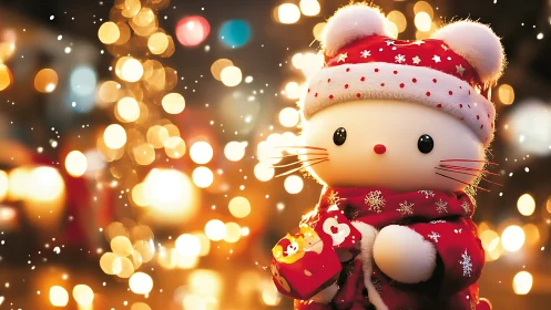 Snow-kissed kitty toy quietly guards glowing holiday wishes