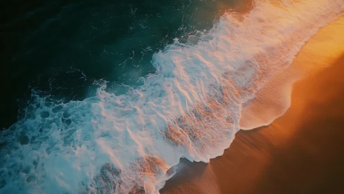 Sunlit surf whispers across ember-gold evening sand