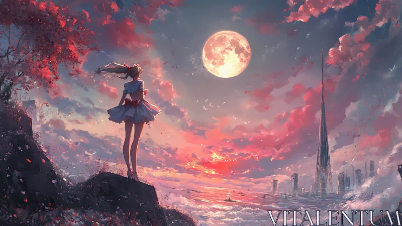 Moonlit girl watching a dreamy city beyond pink clouds.