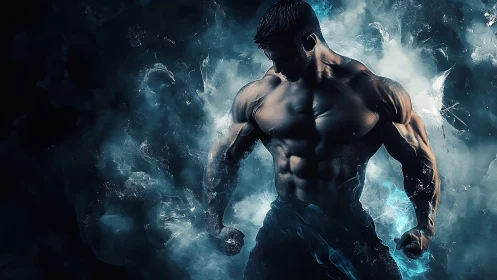 Muscular male figure emerges from swirling blue energy clouds