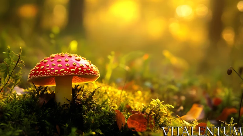 Red amanita mushroom in soft golden forest light.