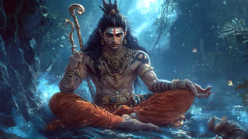 Mystic warrior meditates in luminous enchanted jungle