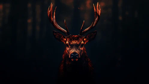 Red-lit stag portrait centered against dark forest field.