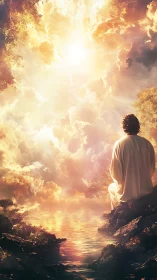 Solitary robed figure gazes toward radiant celestial light.