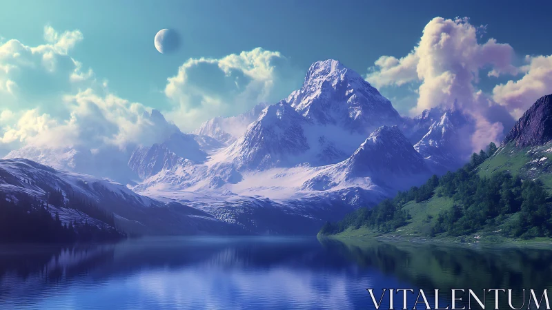 Snow-covered mountain range with lake and distant moon.