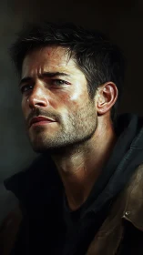 Gritted male survivor portrait in moody chiaroscuro lighting.