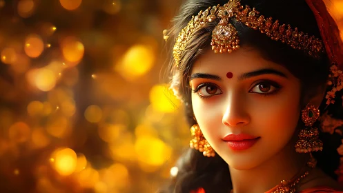 Golden-hued portrait celebrates traditional Indian elegance.