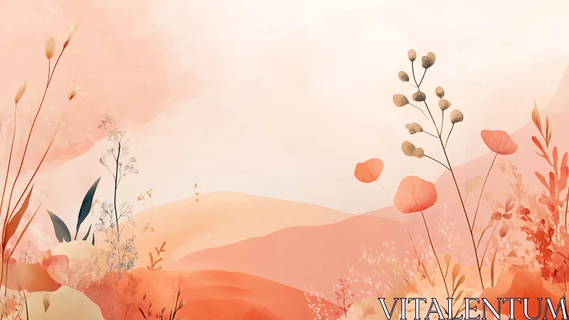 Soft pastel floral landscape watercolor illustration with gentle tones.