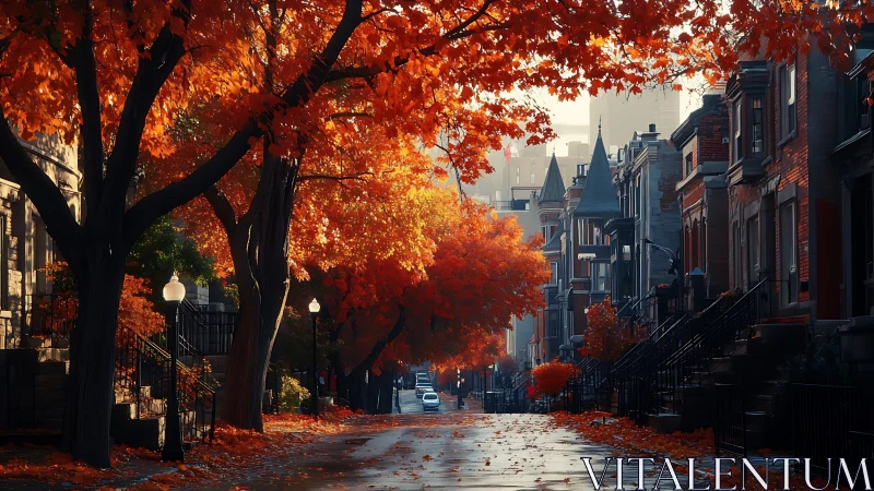 Photorealistic autumn brownstone street under fiery canopy.
