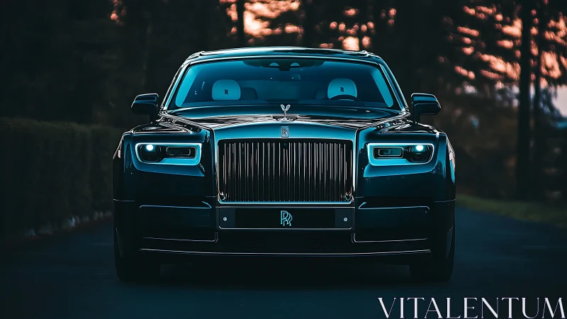 Front view shows luxury sedan with illuminated LED headlights