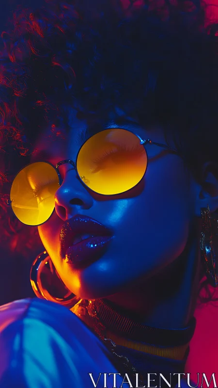 Portrait shows subject in colored rim lighting with tinted glasses