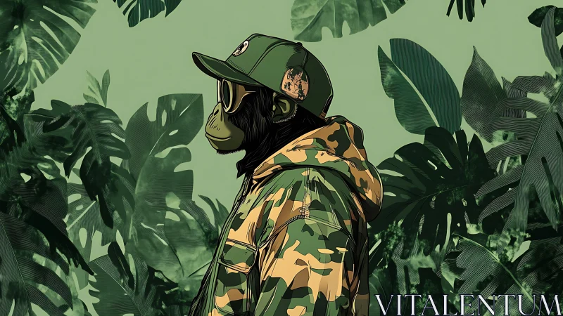 Stylized chimpanzee in camo streetwear against dense jungle foliage